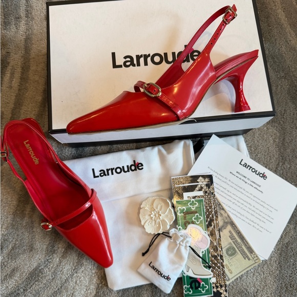 Larroudé Ines Red Leather Ankle Strap Pumps 6.5 NWT - Picture 4 of 16